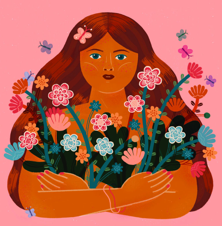 illustrazione di Alessandra De Cristofaro raffigurante una donna che abbraccia dei fiori
